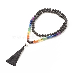 7 Chakra Buddhist Necklace, Natural & Synthetic Mixed Gemstone Round Beaded Necklace with Alloy Peace Sign and Big Tassel for Women, 31.50 inch(80cm)(NJEW-JN03895-02)