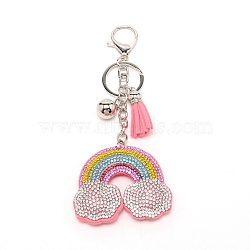 Alloy Keychain Clasp Findings, with Rainbow Rhinestone Pendant & Tassel Pendant, Platinum, 15.5cm(KEYC-WH0023-04)