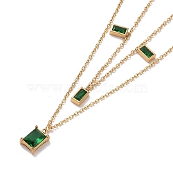 Green Glass Rectangle Charms Double Layer Necklace, Ion Plating(IP) 304 Stainless Steel Jewelry for Women, Golden, 15.16 inch(38.5cm)(NJEW-C036-03G)