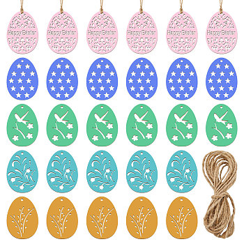 50Pcs 5 Style Easter Unfinished Wood Pendant Ornaments, with Hemp Rope, for Blank Crafts DIY Easter Party Hanging Decoration Supplies, Egg, PapayaWhip, 8x6cm, 10pcs/style