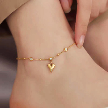 Titanium Steel Charm Anklets for Women, Real 18K Gold Plated, Heart, 8.27 inch(21cm)