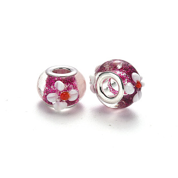 Handmade Lampwork European Beads, Large Hole Rondelle Beads, Rondelle with Flower, Bumpy Lampwork, with Glitter Powder and Platinum Tone Brass Double Cores, with Flower Pattern, Camellia, 15~16x9~10mm, Hole: 5mm