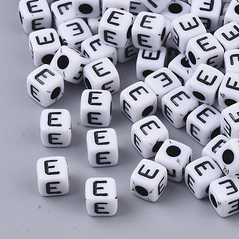 White Opaque Acrylic Beads, Horizontal Hole, Cube with Black Alphabet, Letter.E, 4~5x4~5x4~5mm, Hole: 1.8mm, about 6470~6500pcs/500g