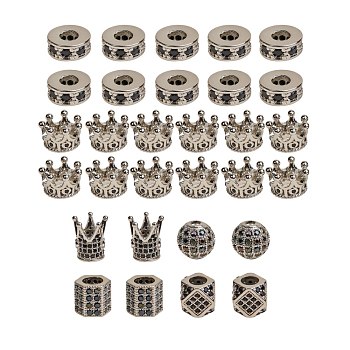 Brass Micro Pave Cubic Zirconia Beads, Mixed Shapes, Platinum, 30pcs/box