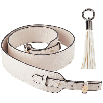 Elite 1Pc PU Leather Bag Handles, with Iron & Alloy Finding, 1Pc Tassel Big Pendant Decoration, with Alloy Spring Gate Rings, White, Bag Handle: 100x4.1x0.3~1.1cm, Tassel: 12.7cm