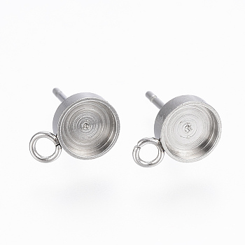 201 Stainless Steel Stud Earring Findings, with Loops and 304 Stainless Steel Pins, Flat Round, Stainless Steel Color, Tray: 5mm, 9x6x2mm, Hole: 2mm, Pin: 0.8mm