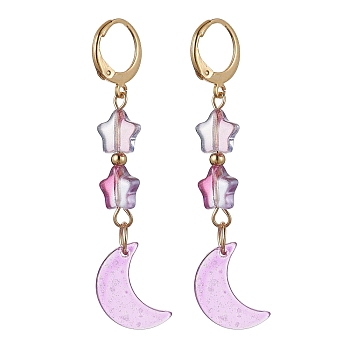 Moon & Star Glass Dangle Leverback Earrings with 304 Stainless Steel Pins, Plum, 55x11mm