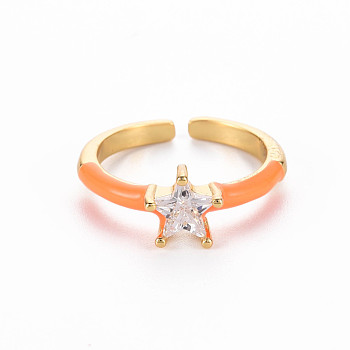 Brass Enamel Cuff Rings, Open Rings, Solitaire Rings, with Clear Cubic Zirconia, Nickel Free, Star, Golden, Dark Orange, US Size 7(17.3mm)