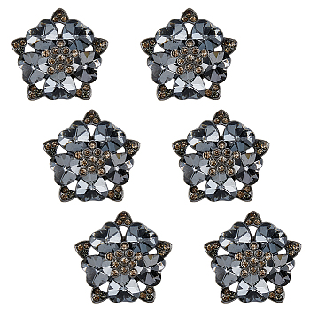 6Pcs 1-Hole Alloy Rhinestone Shank Buttons, Flower, Gunmetal, 30x30.5x11mm, Hole: 2.2mm