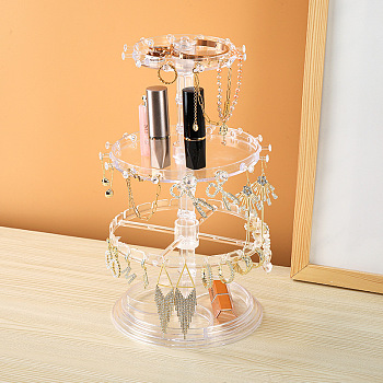 3-Tier Rotatable Round Acrylic Jewelry Display Tower with Tray, Desktop Jewelry Organizer Holder for Earring Rings Bracelets Storage, Clear, 16x16x30cm