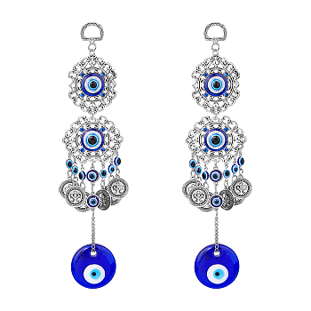 2Pcs Flat Round Glass Turkish Blue Evil Eye Pendant Decoration, with Alloy Flower Design Charm, for Home Wall Hanging Amulet Ornament, Antique Silver, 231mm