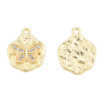 Brass Micro Pave Clear Cubic Zirconia Pendants, Nickel Free, Textured, Flat Round with Butterfly, Real 18K Gold Plated, 13x10x2mm, Hole: 1mm