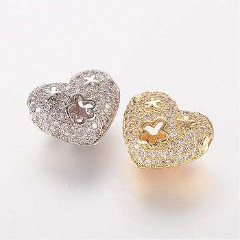 Brass Micro Pave Cubic Zirconia Beads, Heart with Flower, Hollow, Mixed Color, 12x14x7mm, Hole: 1mm