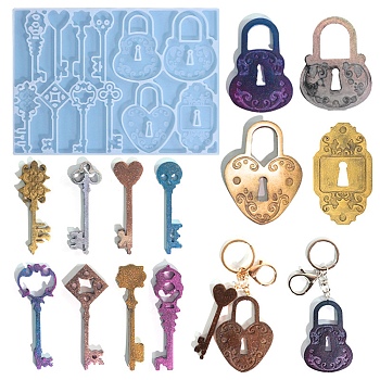 Key & Lock Pendant DIY Silicone Pendant Molds, Resin Casting Molds, White, 142x201x6.5mm, Inner Diameter: 69x19~53mm