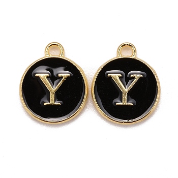 Golden Plated Alloy Charms, Cadmium Free & Lead Free, with Enamel, Enamelled Sequins, Flat Round with Letter, Black, Letter.Y, 14x12x2mm, Hole: 1.5mm
