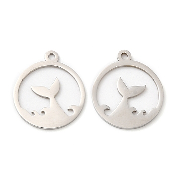 201 Stainless Steel Pendants, Flat Round with Fishtail Charm, Stainless Steel Color, 17.5x15.5x1mm, Hole: 1.4mm
