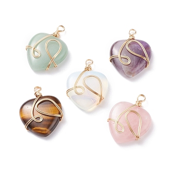 Natural & Synthetic Mixed Gemstone Pendants, with Golden Tone Copper Wire Wrapped, Heart, 40.5x30x8.5mm, Hole: 4.2mm