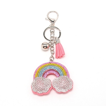 Alloy Keychain Clasp Findings, with Rainbow Rhinestone Pendant & Tassel Pendant, Platinum, 15.5cm
