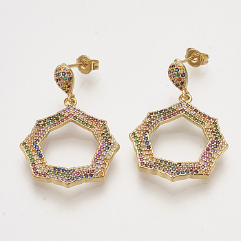Brass Cubic Zirconia Stud Earrings, Dangle Earrings, with Ear Nuts, Colorful, Golden, 34mm, Pin: 1mm