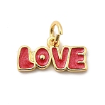 Brass Enamel Charms, Long-Lasting Plated, Lead Free & Cadmium Free, with Jump Ring, Word Love Charm, Real 18K Gold Plated, Rack Plating, FireBrick, 7.5x14x1.5mm, Hole: 3.5mm(KK-A268-10G-02)