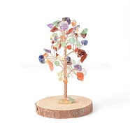 Natural Gemstone Chips with Brass Wrapped Wire Money Tree on Wood Base Display Decorations, for Home Office Decor Good Luck, 51.5~75x115mm(DJEW-B007-05A)