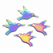 Ion Plating(IP) 201 Stainless Steel Pendants, Etched Metal Embellishments, Hummingbird, Rainbow Color, 24x32x0.3mm, Hole: 2mm(STAS-R114-027)