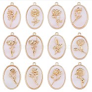 12Pcs 12 Styles Brass Birth Floral Pendants, Oval with Flower Mother of Pearl White Shell Charms, Real 18K Gold Plated, Mixed Patterns, 27x18x4mm, Hole: 1.8mm, 1pc/style (KK-SZ0002-20)