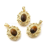 Natural Tiger Eye Pendants, Rack Plating Golden Tone Brass Oval Charms, Long-Lasting Plated, 18x14x6mm, Hole: 3.5x3mm(G-K381-01G-03)