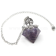 Natural Amethyst Chip & Resin Dowsing Pendulum Big Pendants, with Platinum Plated Metal Tree of Life, Diamond Charm, 290mm(PW-WG72597-04)