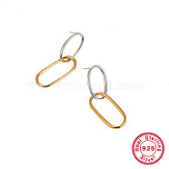 Two Tone 925 Sterling Silver Dangle Stud Earrings, Oval, Platinum & Golden, 40x12mm(KZ3261-2)