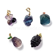 Natural Fluorite Carved Pendants, with Golden Plated Brass Findings and Enamel, Mixed Shape, 17.5~21x11~17x7~12mm, Hole: 2.6~4mm(G-J387-95)