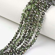 Electroplate Transparent Glass Beads Strands, Half Black Plated, Faceted, Rondelle, Olive Drab, 4x3mm, Hole: 0.4mm, about 123~127pcs/strand, 16.5~16.9 inch(42~43cm)(EGLA-A034-T4mm-P08)