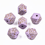 Painted Natural Wood Beads, Laser Engraved Pattern, Faceted, Polygon with Leopard Print, Medium Orchid, 16x15.5~16.5x15.5~16.5mm, Hole: 3mm(WOOD-T021-51C-07)