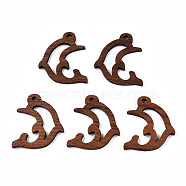 Natural Walnut Wood Pendants, Undyed, Dolphin Charms, Camel, 27x24x2.5mm, Hole: 2mm(WOOD-T023-26)