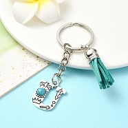 Alloy with Resin Imitation Synthetic Turquoise Keychain, with Tassel Pendant and Iron Rings, Letter U, 8cm, Pendant: 25~35mm(KEYC-YW00087-21)