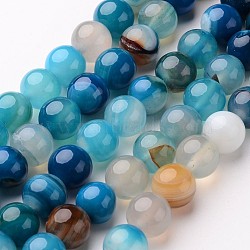 Natural Striped Agate/Banded Agate Beads Strands, Round, Dyed & Heated, Deep Sky Blue, 8mm, Hole: 1mm, about 48pcs/strand, 14.1 inch(G-D845-01E-8mm)