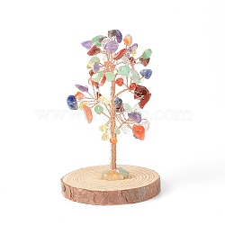 Natural Gemstone Chips with Brass Wrapped Wire Money Tree on Wood Base Display Decorations, for Home Office Decor Good Luck, 51.5~75x115mm(DJEW-B007-05A)