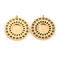 304 Stainless Steel Pendant Cabochon Settings, with Jump Rings, Flat Round, Real 14K Gold Plated, Tray: 1/4 inch(7.5mm), 19x2mm, Jump Ring: 2.8x0.5mm, 1.8mm inner diameter(STAS-S116-156G)
