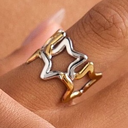 304 Stainless Steel Cuff Open Rings, Star, Golden & Stainless Steel Color, US Size 7 1/4(17.5mm)(RJEW-Z142-01GP)
