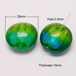 Handmade Silver Foil Lampwork Beads, Flat Round, Lime Green, 29x14mm, Hole: 2.5mm(X-FOIL-S003-29mm-01)