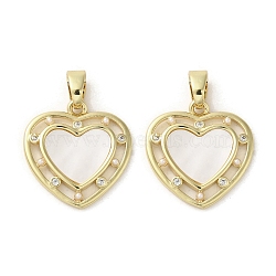 Brass Pave Shell Pendants, Heart Charms with ABS Imitation Pearl and Crystal Rhinestone, Real 18K Gold Plated, 19.5x18.5x2mm, Hole: 3x5mm(KK-I708-15C-G)
