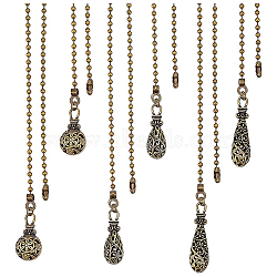 6Pcs 3 Styles Tibetan Style Alloy Ceiling Fan Pull Chain Extenders, with Iron Ball Chain, Hollow-out, Flat Round & Teardrop, Antique Bronze, 333~352mm, 2pcs/styles(AJEW-BC0003-47)