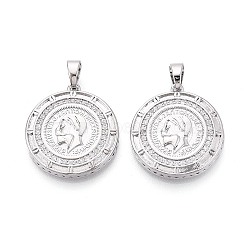 Brass Pave Clear Cubic Zirconia Pendants, Flat Round with Coin Charms, Real Platinum Plated, 26x23.5x4mm, Hole: 6x4mm(KK-T081-08P)