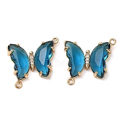 Brass Pave Faceted Glass Connector Charms, Golden Tone Butterfly Links, Steel Blue, 20x22x5mm, Hole: 1.2mm(FIND-Z020-04N)
