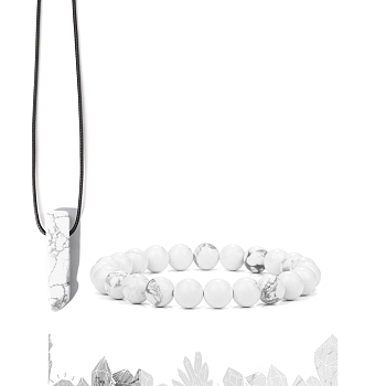 Natural Howlite Beads Stretch Bracelets & Pendant Necklaces Sets for Men, 7.48 inch(190mm)