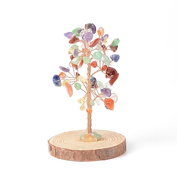 Natural Gemstone Chips with Brass Wrapped Wire Money Tree on Wood Base Display Decorations, for Home Office Decor Good Luck, 51.5~75x115mm