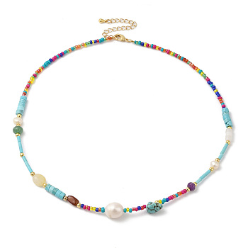 Natural Turquoise & & Pearl & Glass Seed Beaded Necklace for Women, Cadmium Free & Lead Free, Colorful, 15.71 inch(39.9cm)