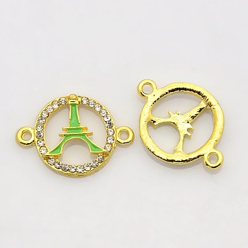 Golden Tone Alloy Enamel Rhinestone Multi-stone Links connectors, Ring with Eiffel Tower, Lime, 25x18x3mm, Hole: 2mm
