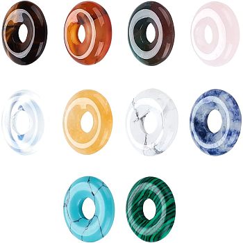 10Pcs 10 Styles Natural & Synthetic Gemstone Pendants, Donut/Pi Disc Charm, Mixed Dyed and Undyed, 18x4.5~5.5mm, Hole: 5.5mm, 1pc/style