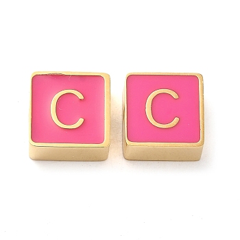 304 Stainless Steel Enamel Beads, Real 14K Gold Plated, Square with Letter, Letter C, 8x8x4mm, Hole: 2mm